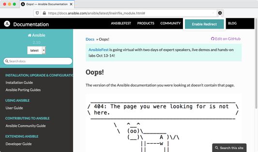 Screenshot from an Ansible 404 page for the lineinfile module when loaded with the extension not installed or disabled