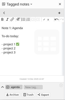 An example note being edited. Below the note are tagsand buttons for archive, trash and export.
