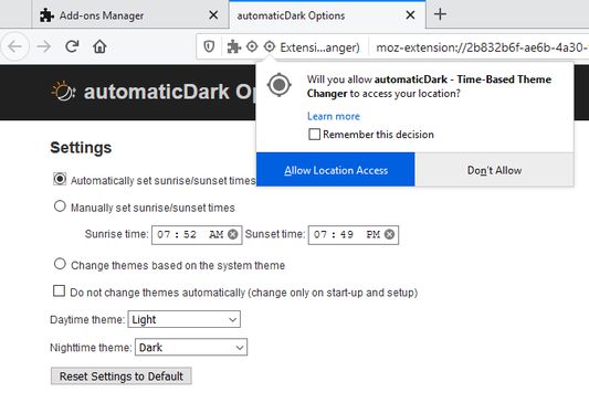 Options page in 1.3.0 using the location feature