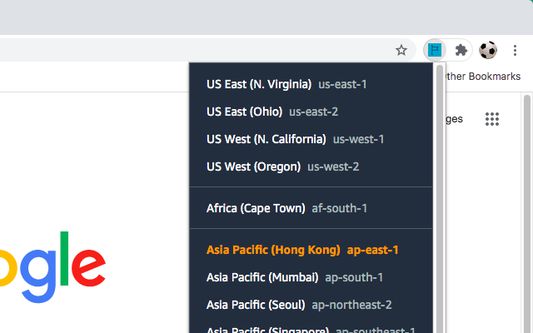 AWS Console Navigator region selection popup