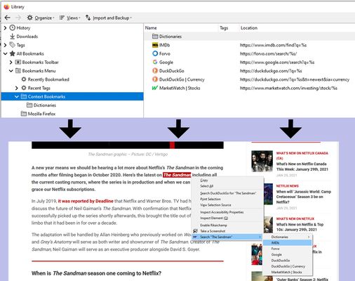 Automatically convert bookmarks into context menu items.