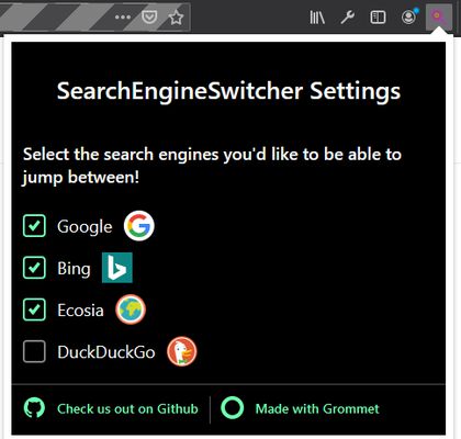 The search engines appearing as embedded links can be configured via the extension from the support list (DARK MODE).
The popup listens to your system's color scheme preferences.