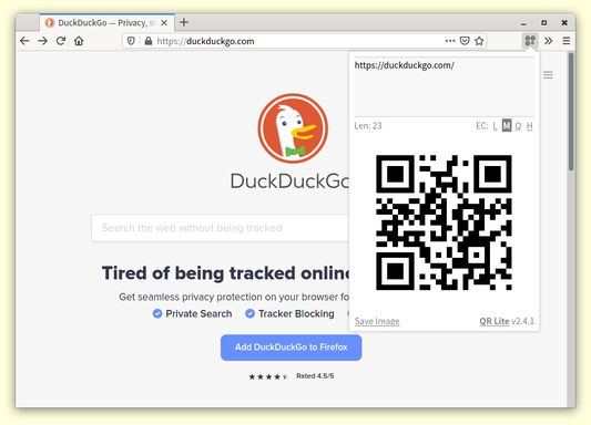 The popup window, which by default shows a QR code for the web page in the current tab.