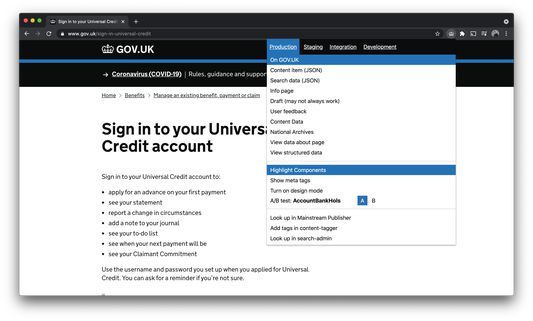 GOV.UK browser extension navigation element used in production