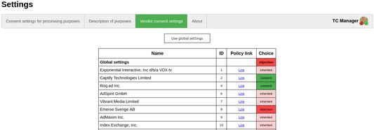 Settings - vendors