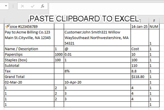 Sample Table pasted to Excel