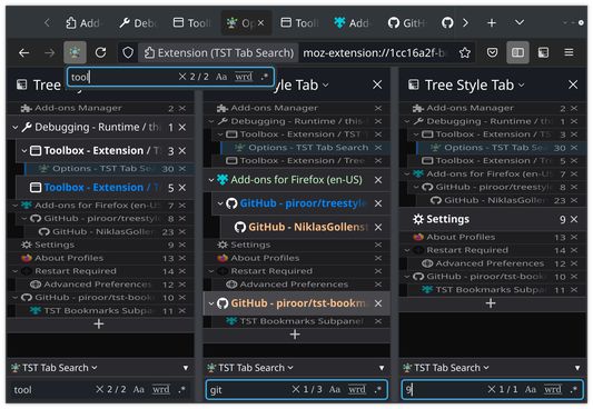 Left to right: global search hotkey, customized filters, and search by tab ID.