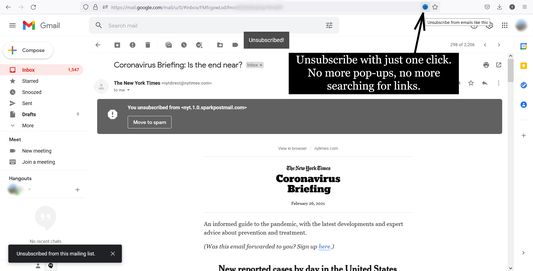 Click on the Clear icon on opening an email to Unsubscribe.