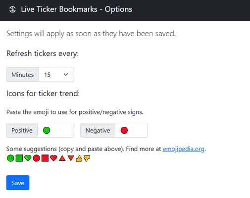 Options allow different refresh times and emojis for positive and negative trends.