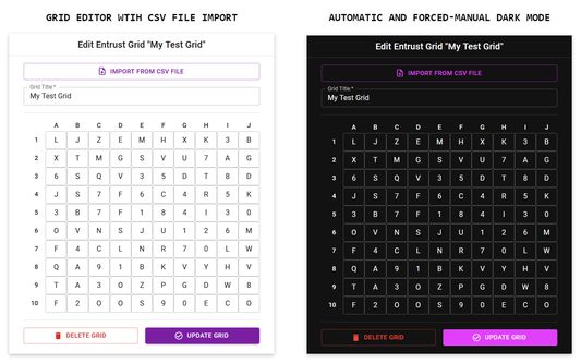 Screenshots showing grid editor in both light mode and dark mode.