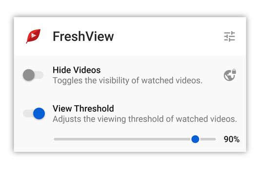 FreshView for YouTube™ popup window (light theme).