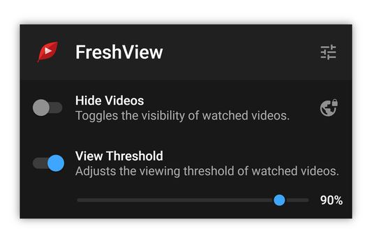 FreshView for YouTube™ popup window (dark theme).