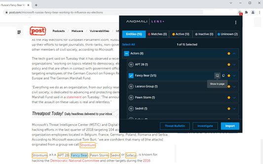 Anomali Lens allows users to quickly jump to threat entity mentions in a document.