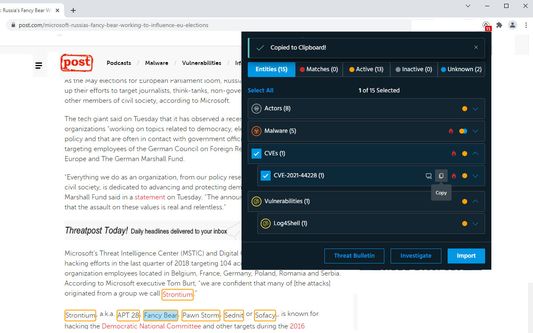 Anomali Lens allows users to copy threat entity details quickly.