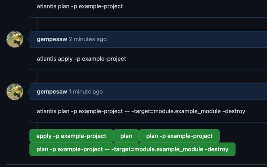 a portion of a github pull request, showing a few comments containing atlantis commands. in addition to the normal UI there is a row of buttons that have atlantis commands in them