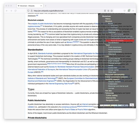 1. List all the headlines in the article.
2. Click items to jump between sections.
3. Highlight the section as you scroll the page.