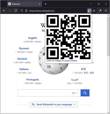 Add-on icon appears in the address bar, when clicked it displays the QR Code for the current tab url.
