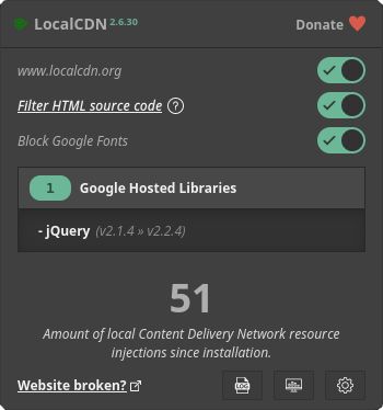 Dark mode: Successfully intercepted requests (LocalCDN: enabled. HTML filter: enabled. Block Google Fonts: enabled)