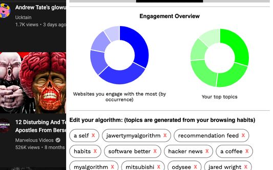 Control your Algorithm. Here you can add/remove topics you would like your feed to be about. Also an overview of what topics you're most interested in.