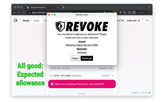 Revoke.cash popup on a legitimate website, notifying that they're asking for an allowance.