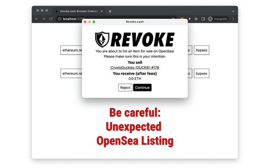 Revoke.cash popup on a phishing website, notifying that they're asking you to list an NFT for sale.