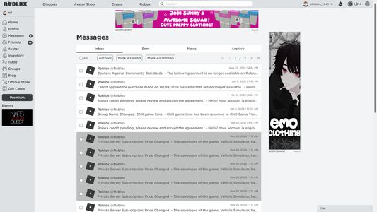 Messages page with Roblox logo on dark mode with the extension enabled
