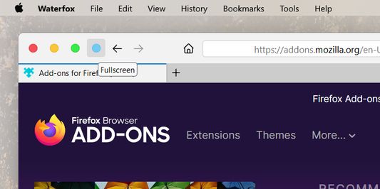 A light blue full-screen button next to the classic title bar (close/minimize/zoom) buttons (mouse hover)