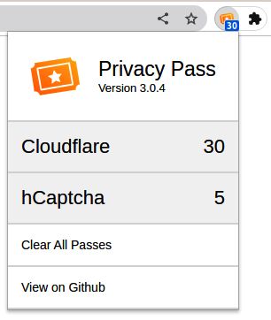 Extension displays number of Privacy Pass tokens.