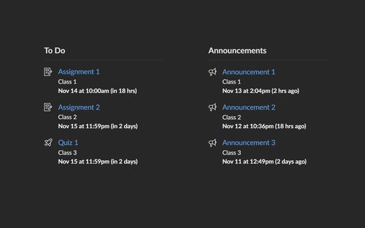 Improved todo list separates assignments and announcenments and displays the most recent ones