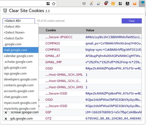 The selection filter dropdown menu lists the filters to quickly select the cookies by the preset filters or by the subdomains.