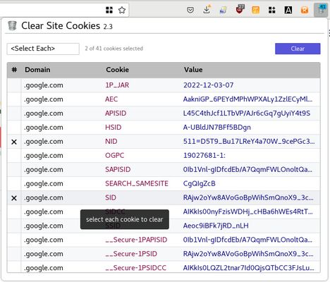 Each cookie can be selected individually for clearing.