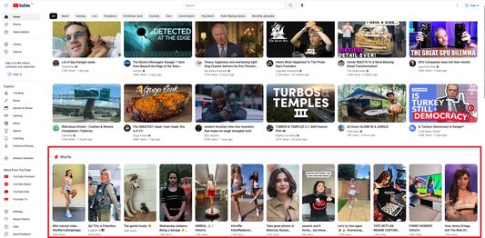 Youtube feed without extension has a Shorts section.