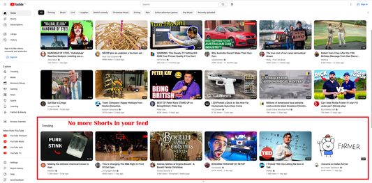With the extension, the Shorts section is removed from your Youtube feed.