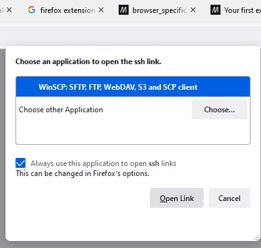 Firefox dialog for selecting SSH URL Application.