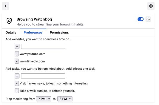 Preferences section of the extension.
