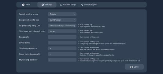 Settings page