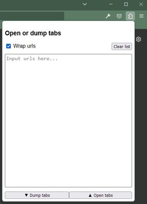 Extension's GUI. Here the user can either retrieve or enter a list of tabs in order to save or open them.