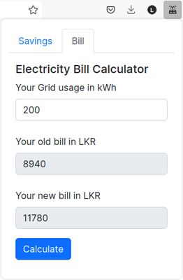 Bill calculator page. Shows the bill before and after the tariff change in 2023.