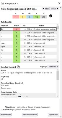 Screenshot of Rule Results view of AInspector for Firefox