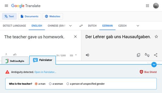 Bias Shield in action on Google Translate