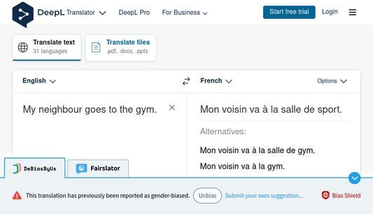 Bias Shield in action on DeepL Translator