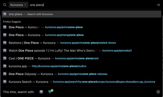 Searching for One Piece using Kurozora, by prepending 'k'.