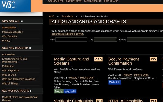 World Wide Web Consortium Standards & Drafts page in 