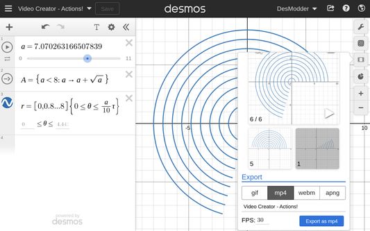 Record videos of your graph in motion, then save as MP4, GIF, APNG, or WEBM.