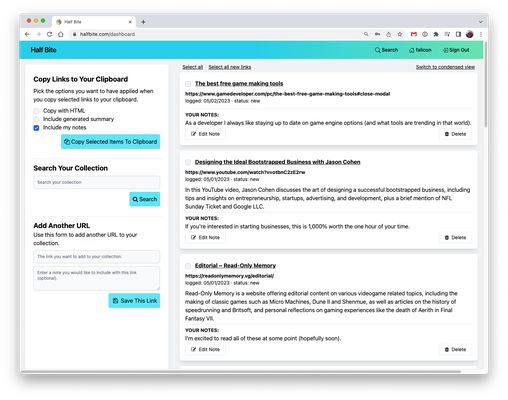 The Half Bite Website gives you a central location to manage all the links in your collection.
