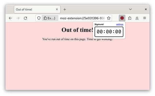 Sigmund stopping the user from accessing a site, since they are out of time for the day. Notice the deep red emblem.