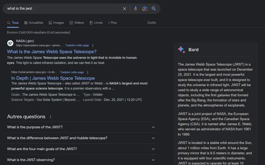 Example showing Bard answering a question about the JWST