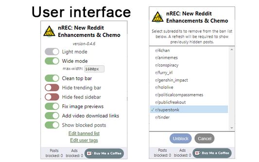 The user-interface. Additional control pages can be opened for manually editing banned subreddits and user tags.