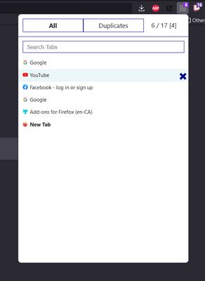The ALL section lists all the your tabs in the current window. Click on a tab to make it active, the X button will close the tab.