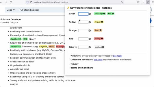 A highlighted page with the KeywordKolor settings pop-up opened.